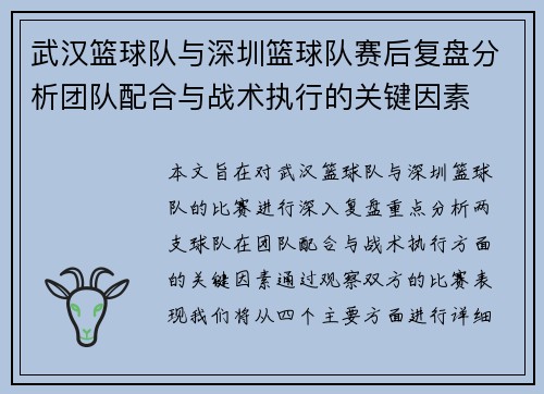 武汉篮球队与深圳篮球队赛后复盘分析团队配合与战术执行的关键因素